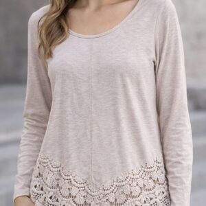 Maurices Light Taupe Long Sleeve Top with Crochet Hem